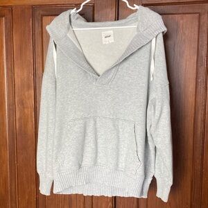 Aerie V-Neck Heather Grey Long Hoodie Sweatshirt Kangaroo Pocket Large Cotton